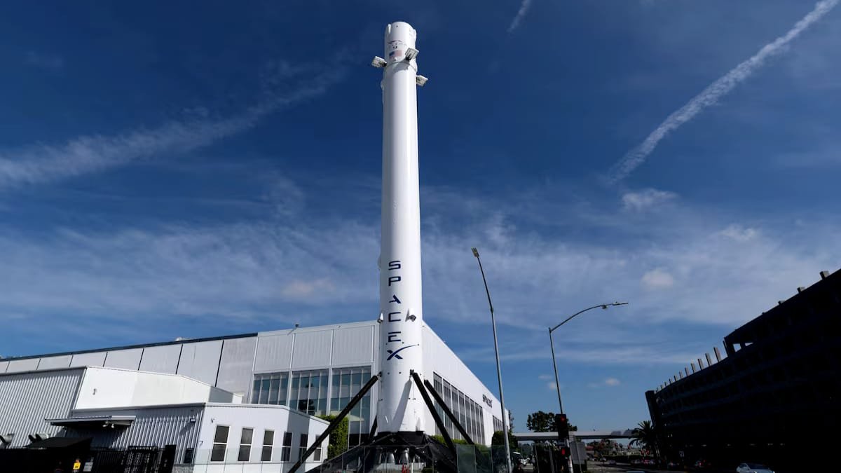 SpaceX Falcon 9 rocket booster shown at a company facility in California