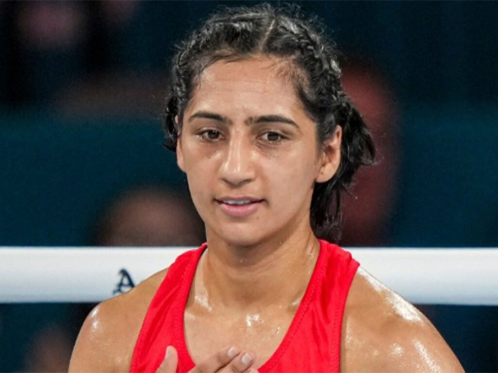 Preeti Pawar celebrates after reaching the women’s 54kg boxing final at CWG 2026