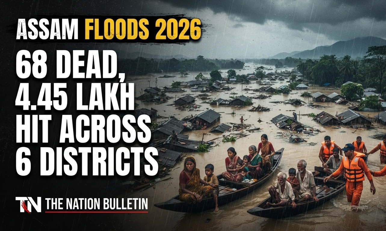 Assam Floods 2026: 68 Dead, 4.45 Lakh Hit Across 6 Districts Assam Floods 2026 affected districts, submerged villages and flood damage