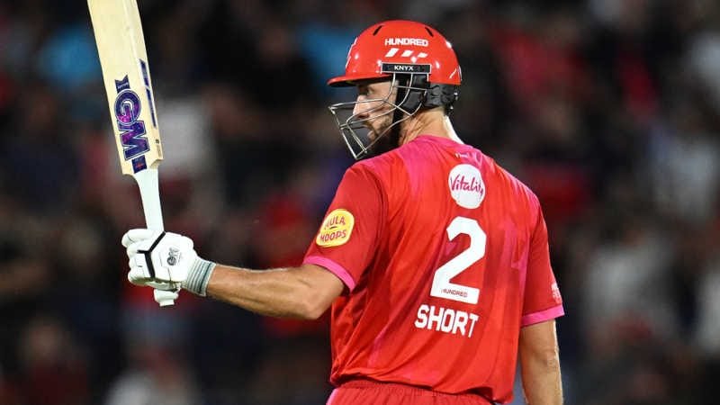 Matt Short celebrates his unbeaten 60 during Welsh Fire's victory over Southern Brave in The Hundred 2026 at Cardiff.