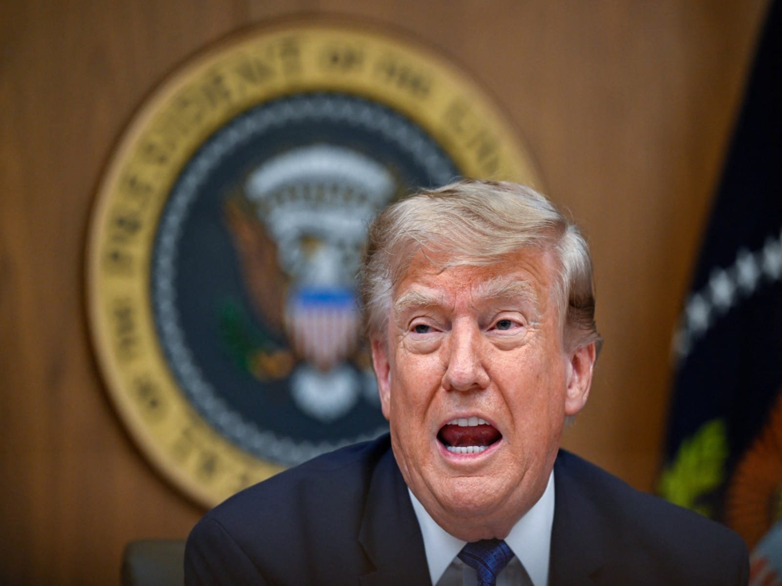 US President Donald Trump speaks during a Cabinet meeting at Camp David about Iran and ongoing nuclear negotiations.