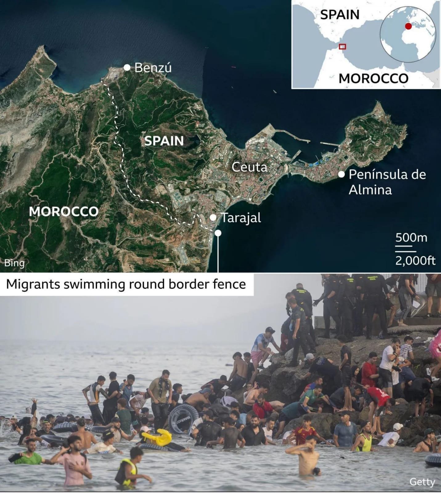 EU to Hold Emergency Meeting as Ceuta Migrant Crossings Trigger Tensions Among Member States Migrants gather near the border in Spain's Ceuta enclave during a large-scale crossing from Morocco.