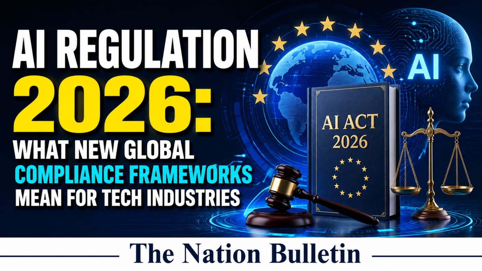 AI Regulation 2026: Global Compliance Rules Enter New Phase as EU AI Act Reshapes the Future of Artificial Intelligence Illustration of AI Regulation 2026 highlighting the EU AI Act and global compliance rules affecting artificial intelligence companies.