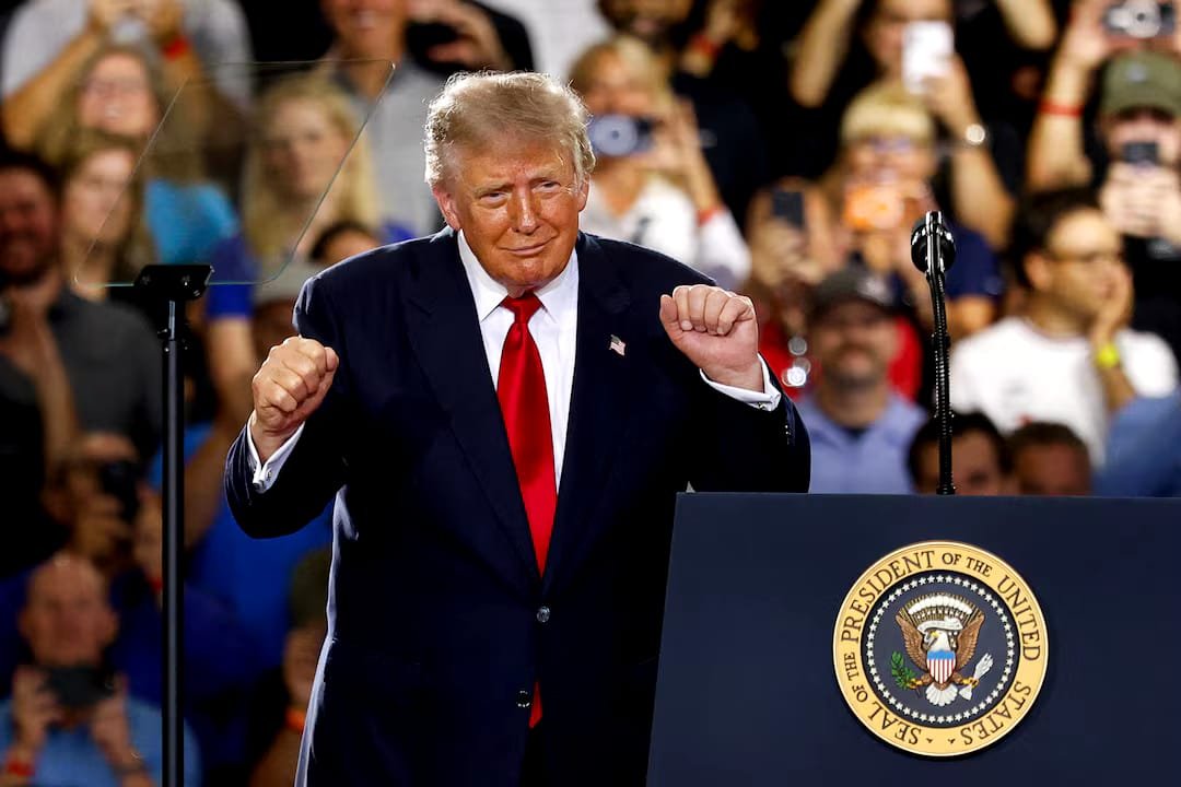 President Donald Trump during an economic event as Reuters/Ipsos poll shows Democrats leading on economic trust