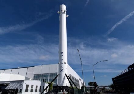 SpaceX Falcon 9 rocket booster shown at a company facility in California