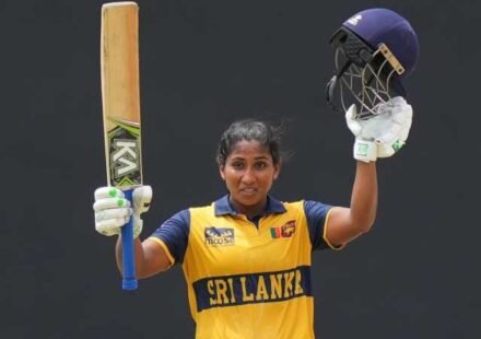 Imesha Dulani celebrates her unbeaten 101 for Sri Lanka against Pakistan