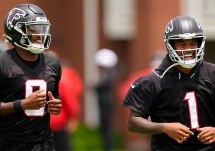 Tua Tagovailoa and Michael Penix Jr. during an Atlanta Falcons practice