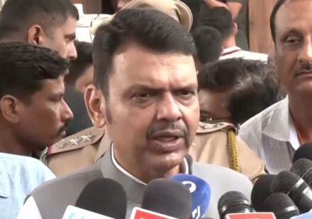 Devendra Fadnavis speaking to reporters in Maharashtra