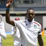 Justin Greaves celebrates wicket during West Indies vs Pakistan 1st Test 2026