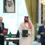 Leaders of Saudi Arabia, Pakistan and Türkiye during the signing of the Mecca Joint Defence Agreement.