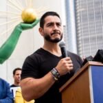 Abdul El-Sayed celebrates after winning the Michigan Democratic Senate primary ahead of the general election.