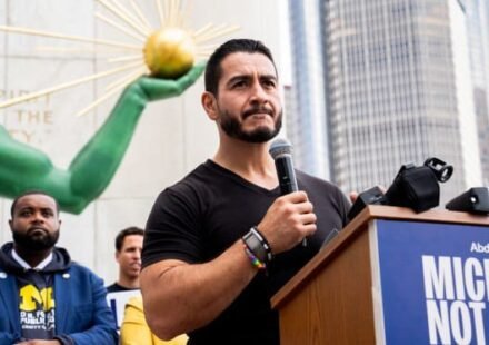 Abdul El-Sayed celebrates after winning the Michigan Democratic Senate primary ahead of the general election.