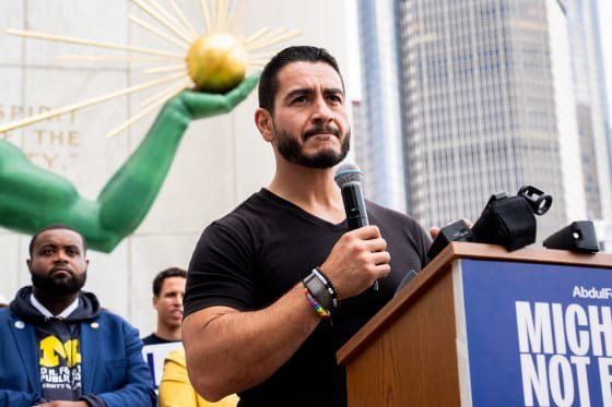Abdul El-Sayed celebrates after winning the Michigan Democratic Senate primary ahead of the general election.