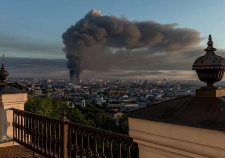 Destroyed vehicle after a Russian air attack in Kyiv amid US sanctions debate