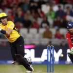 Finn Allen celebrates after scoring an unbeaten 72 during Trent Rockets' victory over Manchester Super Giants in The Hundred 2026.