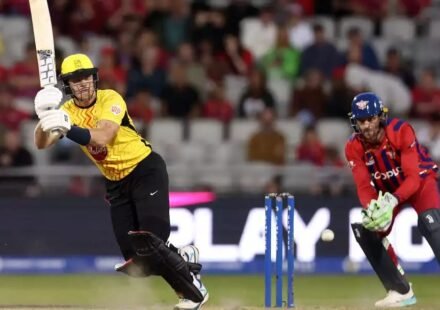 Finn Allen celebrates after scoring an unbeaten 72 during Trent Rockets' victory over Manchester Super Giants in The Hundred 2026.