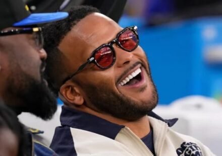 Former Los Angeles Rams defensive tackle Aaron Donald before an NFL game as he considers returning from retirement.