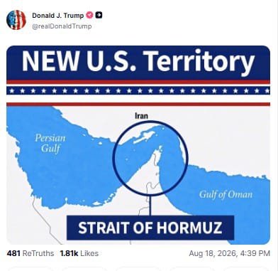Donald Trump Shares AI Image Calling Strait of Hormuz New US Territory Trump AI-generated image showing Strait of Hormuz as New US Territory