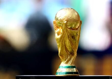The FIFA World Cup trophy displayed before the 2026 World Cup final as FIFA withdraws its stake sale proposal.