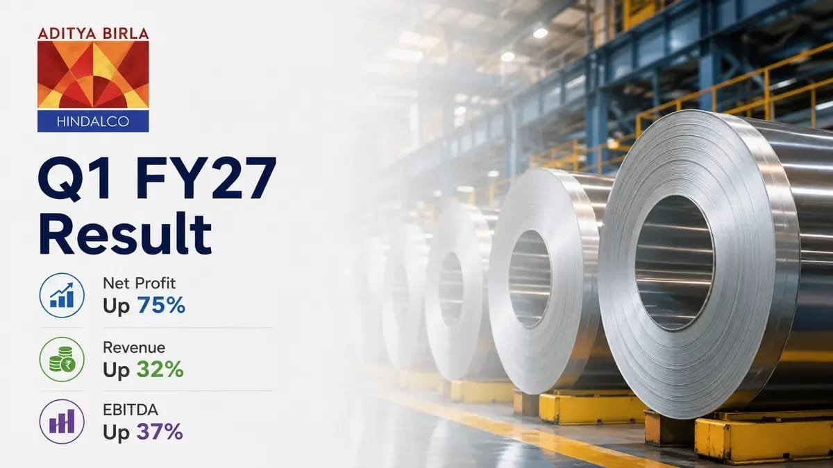Hindalco Industries reports record Q1 FY27 earnings with 75% growth in net profit and 32% increase in revenue.