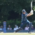 Gus Miller celebrates his maiden century as Yuzvendra Chahal celebrates a wicket during Northamptonshire's 67-run victory over Lancashire in the Metro Bank One-Day Cup 2026.