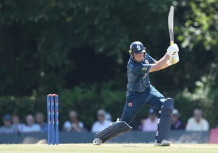 Gus Miller celebrates his maiden century as Yuzvendra Chahal celebrates a wicket during Northamptonshire's 67-run victory over Lancashire in the Metro Bank One-Day Cup 2026.