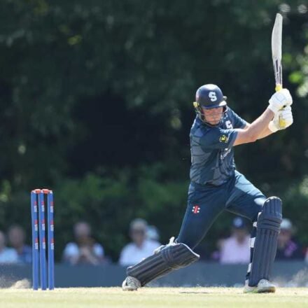 Gus Miller celebrates his maiden century as Yuzvendra Chahal celebrates a wicket during Northamptonshire's 67-run victory over Lancashire in the Metro Bank One-Day Cup 2026.