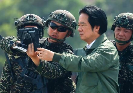 Taiwan President Lai Ching-te attends a drone demonstration during Han Kuang military exercises in Kaohsiung