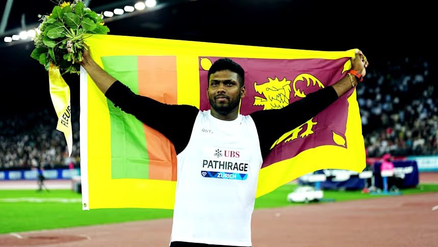 Rumesh Tharanga Pathirage celebrates his 92.07m javelin throw at Zurich Diamond League 2026