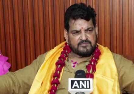 Former WFI chief Brij Bhushan Sharan Singh reacts after the Delhi court acquitted him in the women wrestlers' sexual harassment case.