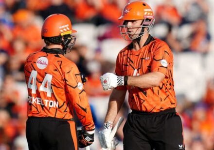 Mitchell Marsh and Ryan Rickelton celebrate during Sunrisers Leeds vs London Spirit in The Hundred 2026.
