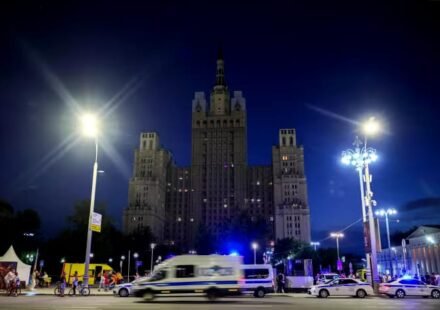 Emergency responders and police at the scene of the deadly bomb explosion outside Balzi Rossi restaurant in Moscow.