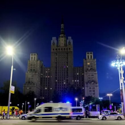 Emergency responders and police at the scene of the deadly bomb explosion outside Balzi Rossi restaurant in Moscow.