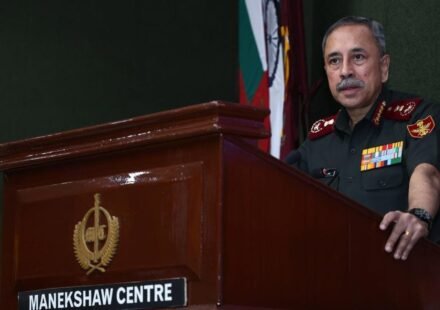 CDS General N.S. Raja Subramani addressing the inauguration of the Fourth Tri-Services Future Warfare Course at the Manekshaw Centre in New Delhi.