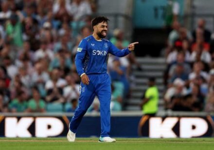 Rashid Khan celebrates his five-wicket haul during MI London's 45-run victory over Manchester Super Giants in The Hundred 2026.