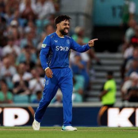 Rashid Khan celebrates his five-wicket haul during MI London's 45-run victory over Manchester Super Giants in The Hundred 2026.