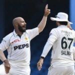 Abdullah Shafique celebrates his unbeaten 160 as Pakistan dominate West Indies on Day 3 of the second Test in Port of Spain.