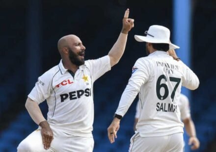 Abdullah Shafique celebrates his unbeaten 160 as Pakistan dominate West Indies on Day 3 of the second Test in Port of Spain.