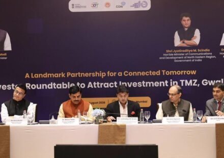 Union Minister Jyotiraditya Scindia and Madhya Pradesh Chief Minister Mohan Yadav at the investors' meeting for the Gwalior Telecom Manufacturing Zone.