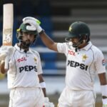Abdullah Shafique celebrates his unbeaten century during Pakistan vs West Indies second Test in Port of Spain.