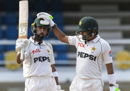 Abdullah Shafique celebrates his unbeaten century during Pakistan vs West Indies second Test in Port of Spain.