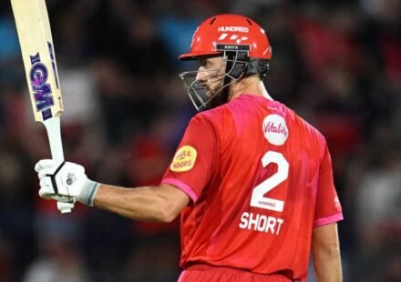 Matt Short celebrates his unbeaten 60 during Welsh Fire's victory over Southern Brave in The Hundred 2026 at Cardiff.