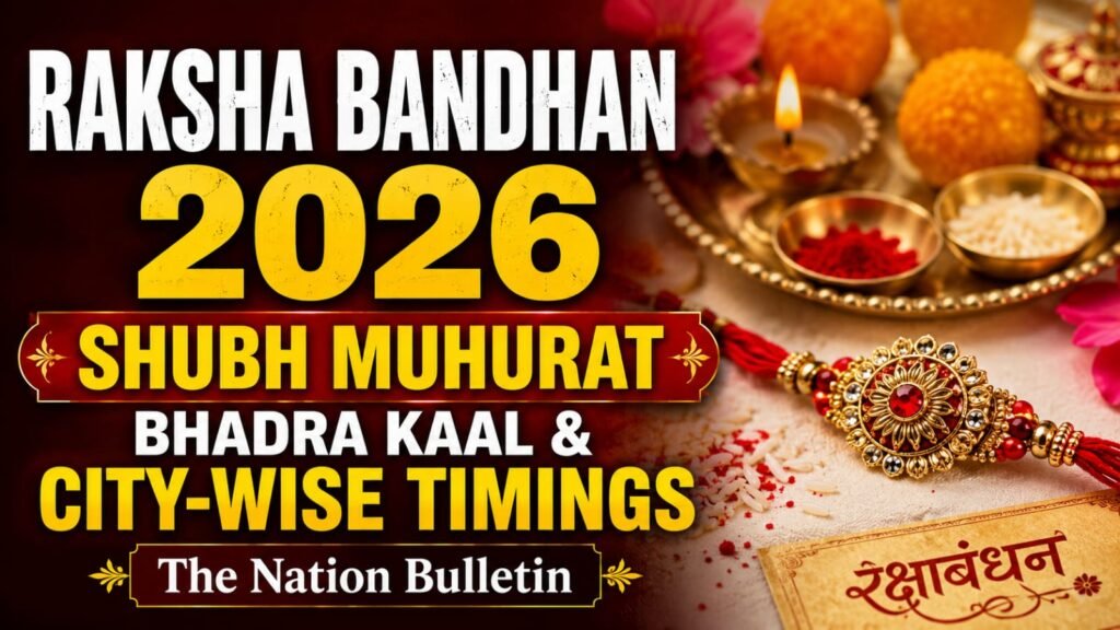 Raksha Bandhan 2026 Shubh Muhurat, Bhadra Kaal & Timings Raksha Bandhan 2026 Shubh Muhurat showing Rakhi, traditional puja thali and festival celebration