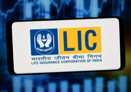 Life Insurance Corporation of India (LIC) logo displayed on a smartphone as the Government of India announces a 6.5% stake sale through an Offer for Sale.