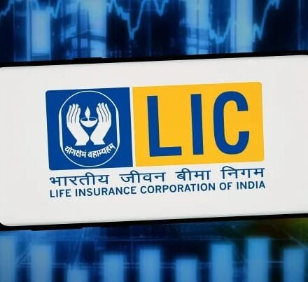 Life Insurance Corporation of India (LIC) logo displayed on a smartphone as the Government of India announces a 6.5% stake sale through an Offer for Sale.