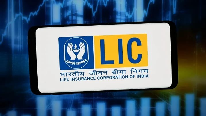 Life Insurance Corporation of India (LIC) logo displayed on a smartphone as the Government of India announces a 6.5% stake sale through an Offer for Sale.