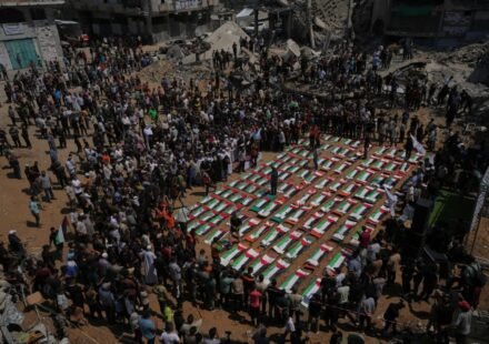 Palestinians attend a mass funeral after 112 bodies were recovered from the rubble of a 2023 strike in Gaza.