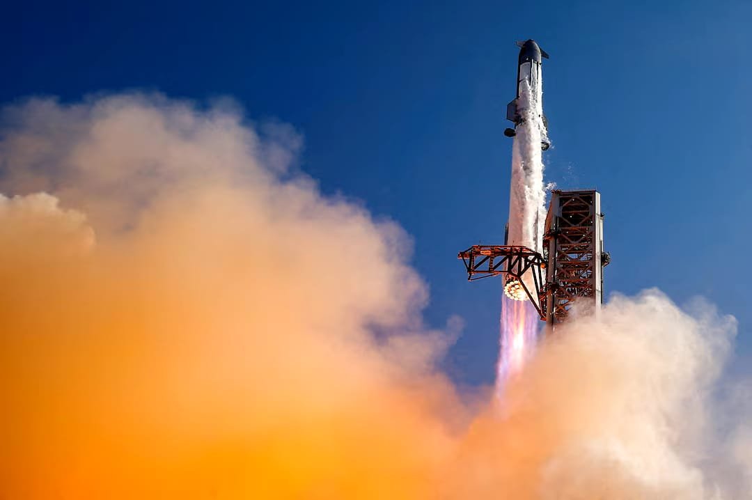 SpaceX Targets Next Starship Launch This Month with First-Ever Upper Stage Catch and Upgraded Starlink Satellites SpaceX Starship lifts off during a test flight as the company prepares its first upper stage recovery and V3 Starlink satellite deployment.