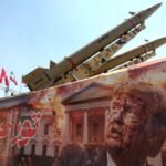 Banner showing U.S. President Donald Trump beside an Iranian missile system in Tehran amid rising Iran-US tensions.