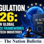 Illustration of AI Regulation 2026 highlighting the EU AI Act and global compliance rules affecting artificial intelligence companies.